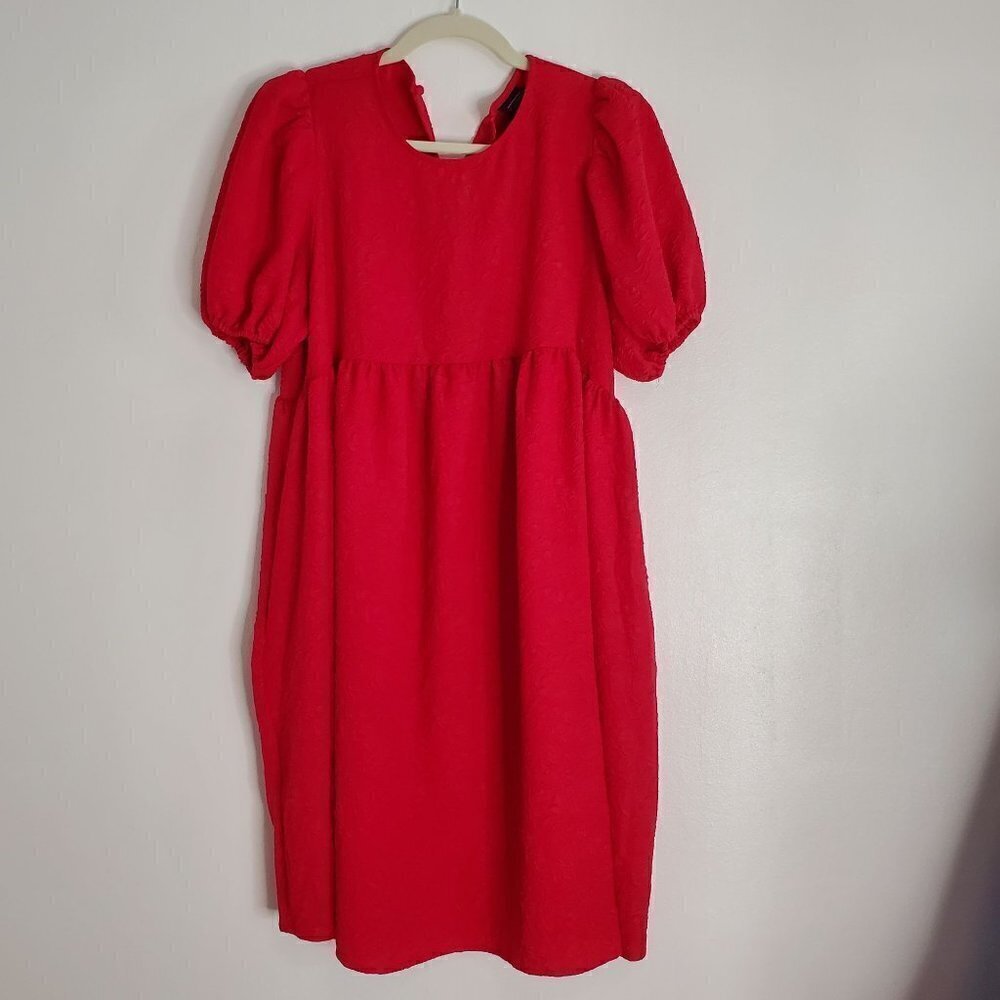 Scoop neck Puff Sleeves Red Dress Women Size M - Picture 3 of 13